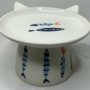 Cat Food Raised Bowl Extra Large Elevated White & Fish Images New